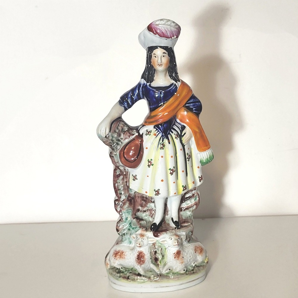 Staffordshire Flatback Figurine Shepherdess Lambs Hand Painted Ceramic 9.75in